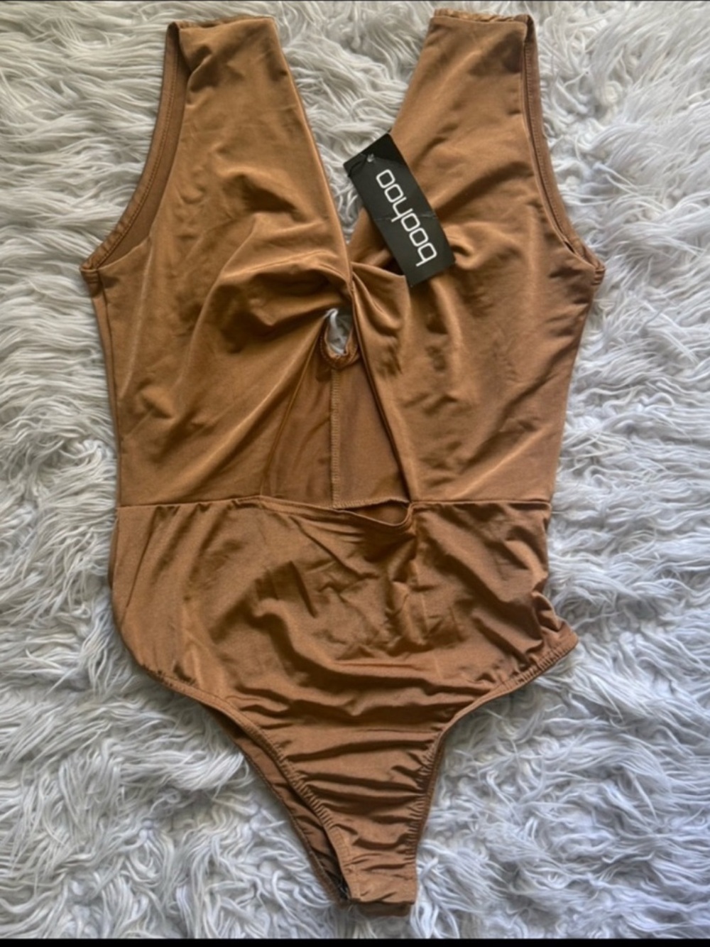 NWT Boohoo Slinky Tan Cutout Bodysuit
